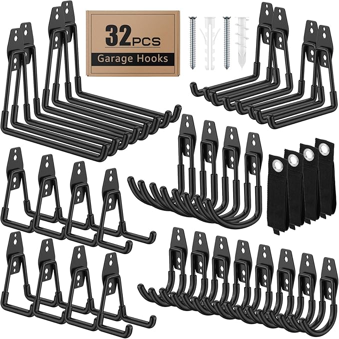 32 Pack Garage Hooks with Anti-Slip Coating Heavy Duty Wall Mount Hooks