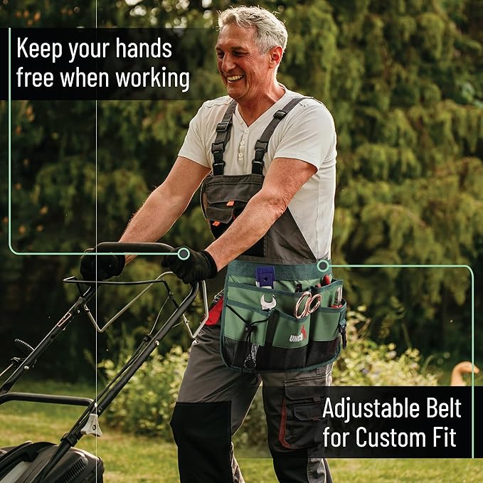 UNCO- Adjustable Gardening Belt, Green, 7 Pockets, Wear, Cut and Water Resistant, Garden Tool Belt Pouch, Waist Apron with Pockets