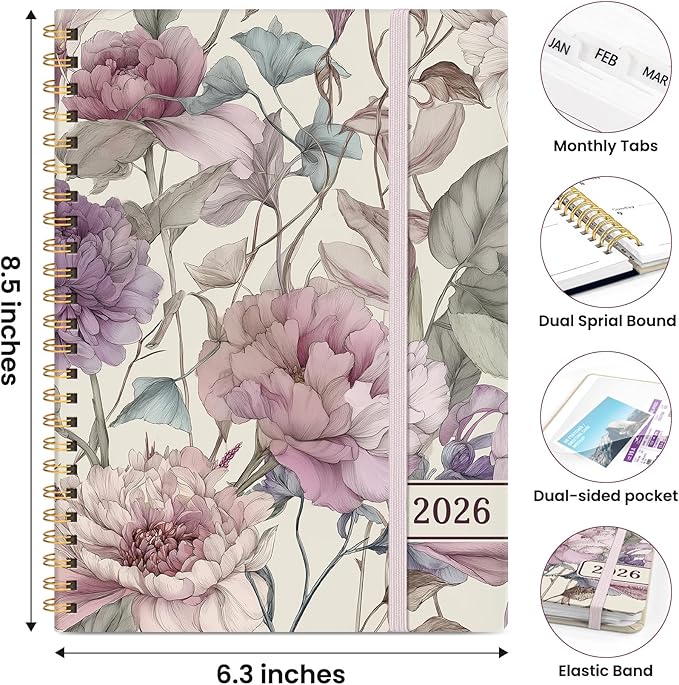 2026 Planner, Weekly and Monthly Planner for Women, Jan 2026 - Dec 2026 Pretty 2026 Calendar Planner with Monthly Tabs, Inner Pocket, Spiral Binding, Perfect for Office Home School - 6.3" x 8.5", Soft Peony