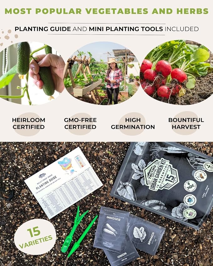 Tactiko Survival 15 Vegetable Seed Kit Varieties for Small Urban Garden, Balconies & Patios - Non-GMO, Heirloom - Popular USA-Grown Dwarf Seeds for Planting Vegetables - Indoor, Outdoor