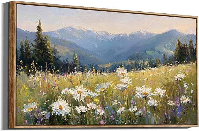 InSimSea Extra Large Framed Vintage Wall Art, Living Room Country Farmhouse Decor, Alpine Meadow Wildflowers Landscape Canvas Prints, Scenery Long Picture for Bedroom Above of Bed,20x40inch