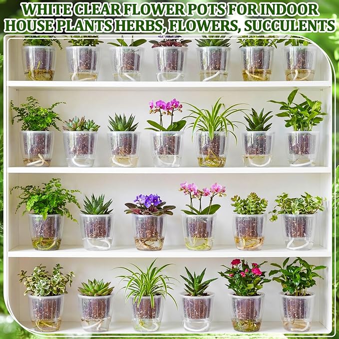 36pcs Self Watering Pots 4.3 Inch Plastic Flower Plant Pot with Inner Pot Self Watering Wick Planter White Clear Flower Pots for Indoor House Plants Herbs, Flowers, Succulents (Transparent)