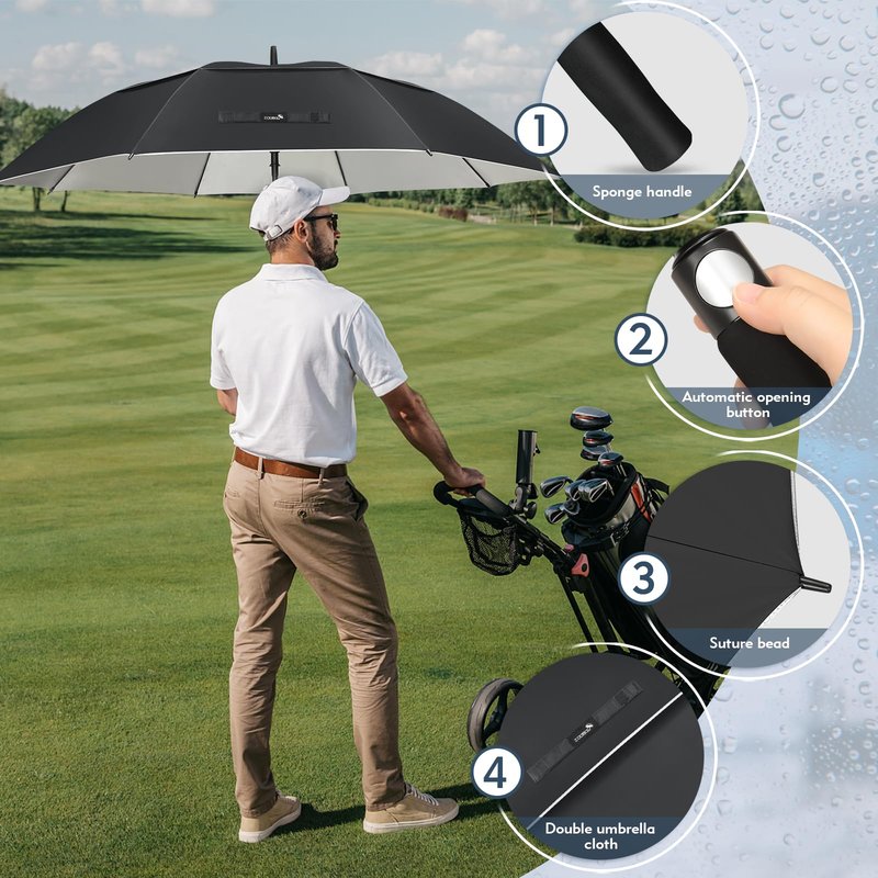 ZOMAKE Large Golf Umbrella UV Potection,62 Inch UV Blocking SPF Umbrellas for Sun Protection Windproof Heavy Duty Vented Double Canopy(Black,Silver)