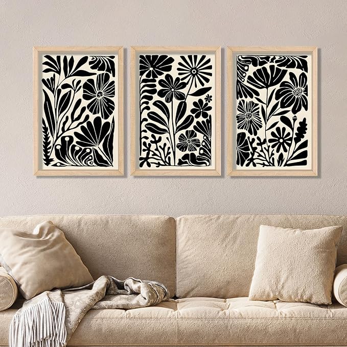 YWJKWLGS Abstract Floral Wall Art Set of 3, 11x16 Inch Black Boho Flower Prints