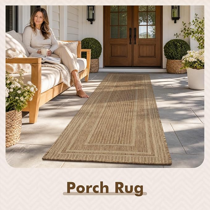 MontVoo-2x8 ft Indoor Outdoor Runner Rugs for Entryway Porch Hallway Kitchen Door Entrance Long, Textured Weave Polypropylene, Durable for High Traffic, Fade-Resistant, Modern Solid Neutral Brown