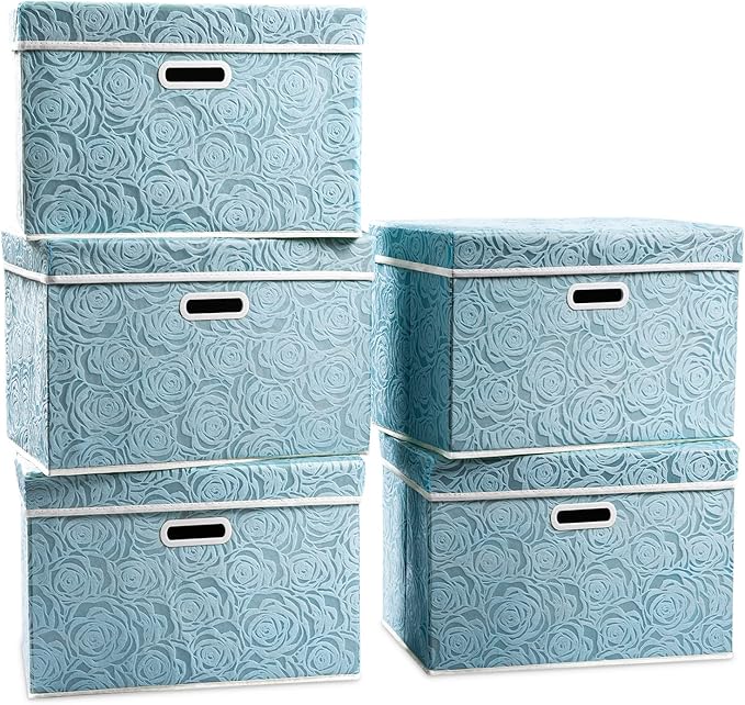 PRANDOM Large Collapsible Storage Boxes with Lids [5-Pack] Fabric Decorative Storage Bins Cubes Organizer Containers Baskets with Cover Handles for Bedroom Closet Nursery Blue 17.5x11.8x11.8 Inch