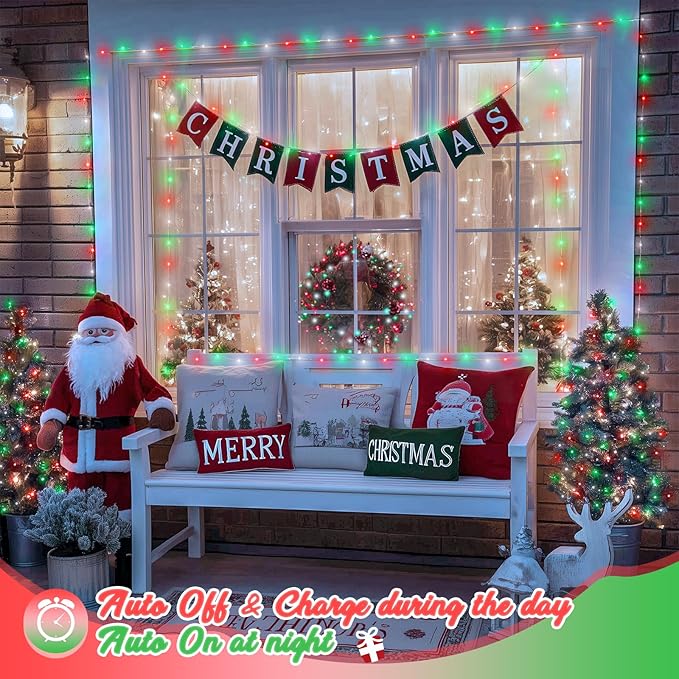 JMEXSUSS 2 Pack Red White and Green Solar Christmas Lights, Each 33FT 100 LED Solar String Lights Outdoor, Waterproof Solar Fairy Lights for Outside Christmas Decorations