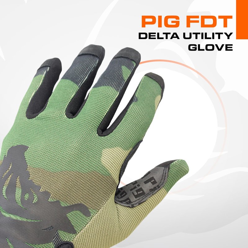 PIG Delta Utility Tactical Gloves, Touchscreen Compatible, High Dexterity, for Shooting, 1 Pair, Woodland, Small