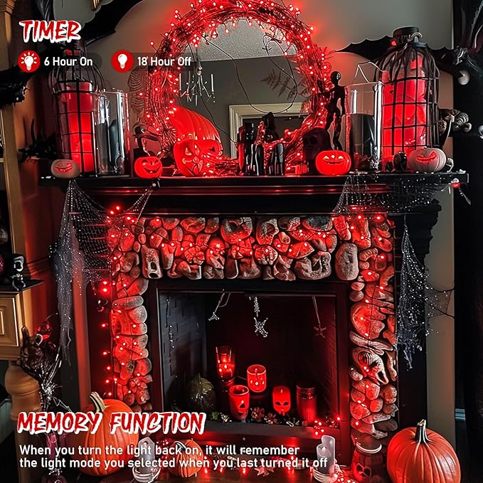 JMEXSUSS 150 LED Red String Lights Indoor Outdoor Waterproof, Connectable 59 Ft Halloween String Lights Plug in, 8 Modes Christmas Tree Light for Bedroom, Patio, Party, Halloween,Christmas Decorations