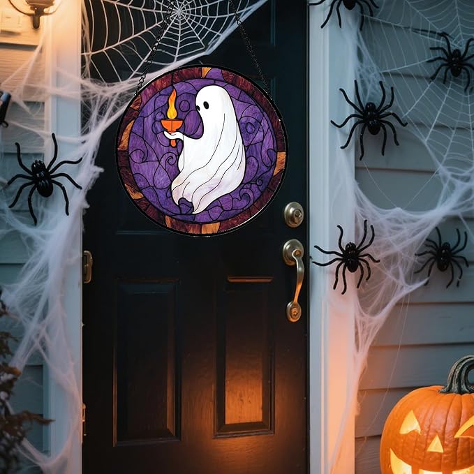 Stained Glass Window Hanging - Halloween White Ghost Purple Suncatcher for Doors Window Garden Spooky Candlelight Sun Catchers Gothic Decor Horror Gifts for Women Men Friend Boy Girl 7.8 in