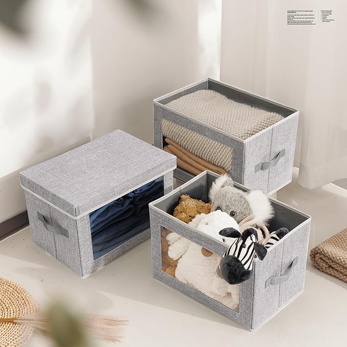 Fabric Storage Bins with Lids - 3 Packs Storage Cubes with Window, Foldable Storage Baskets Bins for shelves, Closet Storage Boxes for Towels, Clothes, Home, Office, Blended