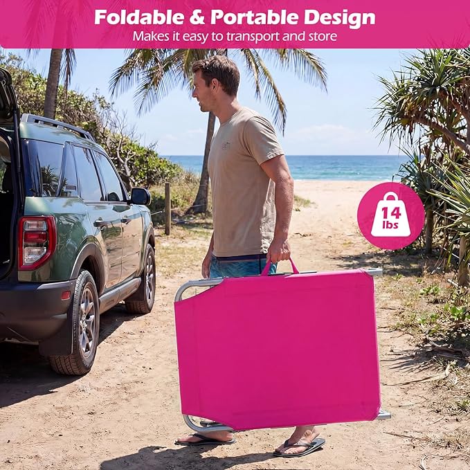 COSTWAY Tanning Chair with Face Hole, Folding Beach Lounge Chair | 4-Position Adjustable Backrest, Pillow & Side Pocket, Foldable Chaise Lounge Chair (1, Pink)