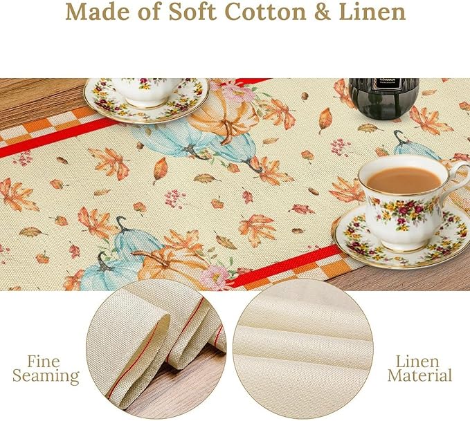 Watercolor Pumpkin Table Runner Fall Flowers Falling Leaves Cross Harvest Season Thanksgiving Rustic Home Decor for Farmhouse Indoor Outdoor Party Holiday Dining Kitchen Restaurant Cafe W13xL90in