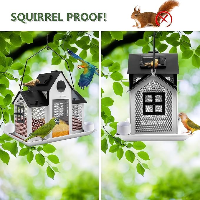 Solar Bird Feeders House for Outside Hanging, Metal Wild Bird Feeder for Outdoors Large Capacity Cardinal Birdfeeder Birdhouses Metal Bird Feeding Station White