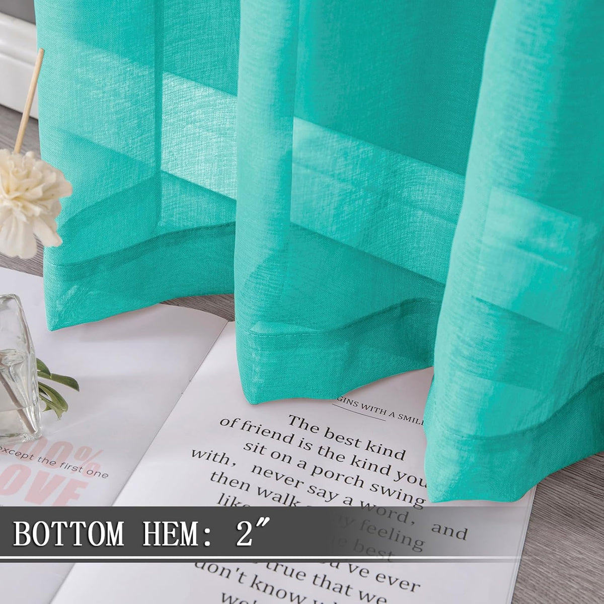 Tollpiz Short Sheer Curtains Living Room Linen Textured Curtain Sheers Light Filtering Voile Rod Pocket Curtains for Bedroom, 38 x 45 inches Long, Aqua Blue, Set of 2 Panels