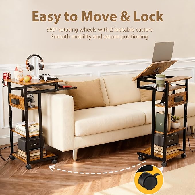 ZIFTY C Shaped End Table with Charging Station, 360° Swivel Couch Table with Wheels, Adjustable Laptop Tray, Sliding Keyboard Shelf & Storage Shelves, TV Tray Side Table for Living Room Bedroom Rustic