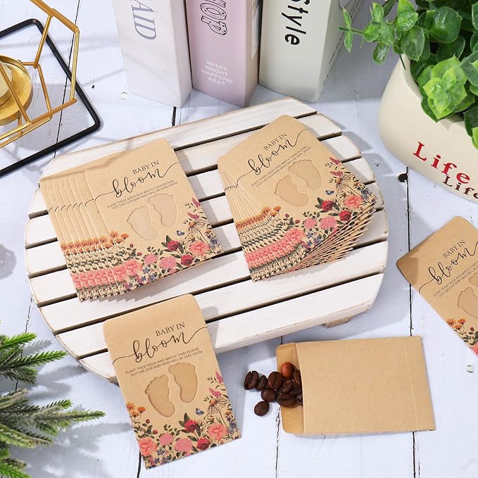 JarThenaAMCS 100Pcs Wildflower Baby Shower Seed Packets Self Adhesive Kraft Envelope with Footprint Window Vintage Floral Baby in Bloom Seed Storage Pockets for Gender Reveal Birthday