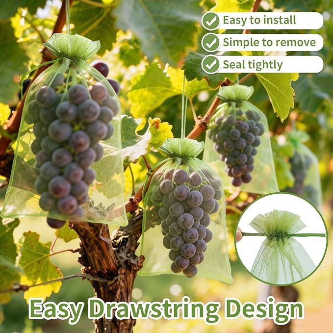 GliSun 100Pcs Fruit Protection Bags 6x9 Inch, Green Mesh Netting Cover with Drawstring Pest Barrier for Grapes Tomato Strawberry Blueberry - Garden Supplies for Vegetables & Fruit Trees