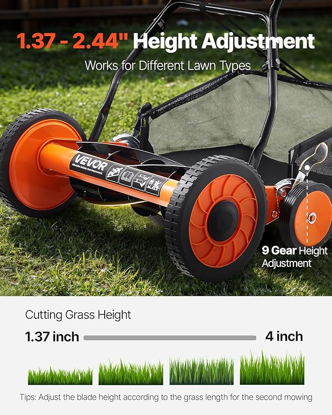 VEVOR Push Reel Lawn Mower 18 inch, 5 Blades Manual Push Mower No Motor, 1.37-2.44 in Adjustable Cutting Height, Walk-Behind Lawn Mowers with Grass Catcher Bag for Green Lawns, Driveways, Courtyards