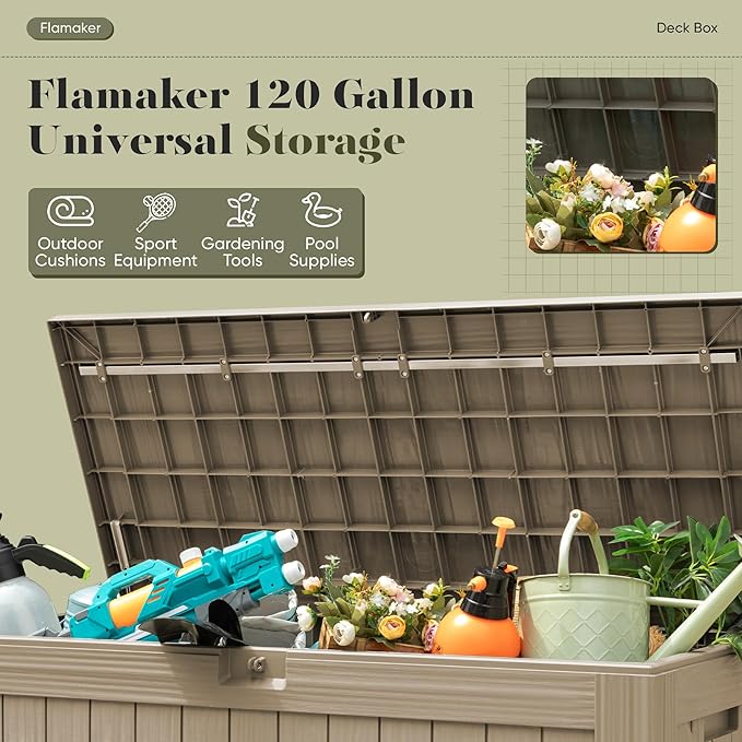 Flamaker Resin Deck Box 120 Gallon Waterproof Large Outdoor Indoor Storage Box Imitation Wood Resin for Patio Furniture Garden Tools and Pool (Brown)