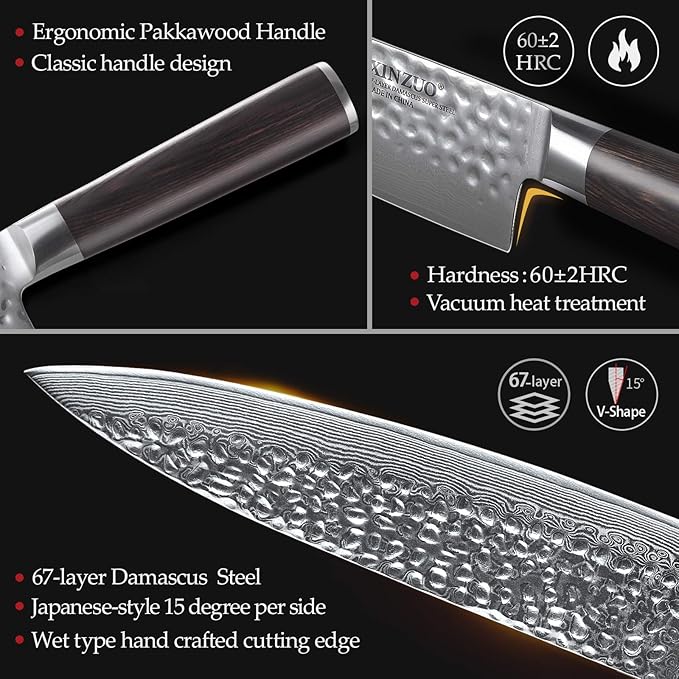 XINZUO 7-Piece Knife Block Set, Super Damascus Steel Kitchen Knife Set with Block,Professional Knife Set for Chefs&Home Cooking,Pakkawood Handle,Chef Gift Box-He Series