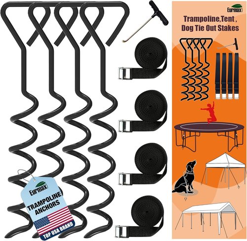 EURMAX USA Windproof Trampoline Anchor Kit - Heavy-Duty Steel Stakes with T-Hook & Safety Straps for Secure Weatherproof Protection