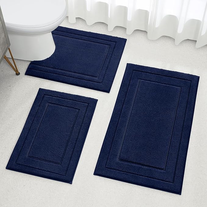 HOMEIDEAS Bathroom Rugs Sets 3 Piece, Super Soft and Absorbent Non Slip Microfiber Toilet Bath Mat with U-Shaped (Navy Blue)