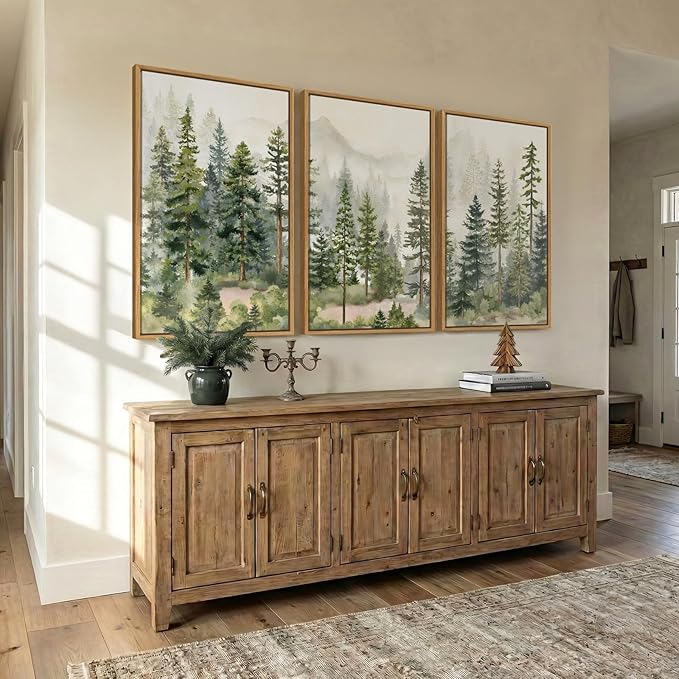 Large Framed Green Forest Landscape Wall Art for Living Room, 3 Piece Nature Pine Tree Woodland Artwork for Walls, White Foggy Mountain Modern Nordic Scenic Bedroom Office Print Wall Decor, 24x36 Inch