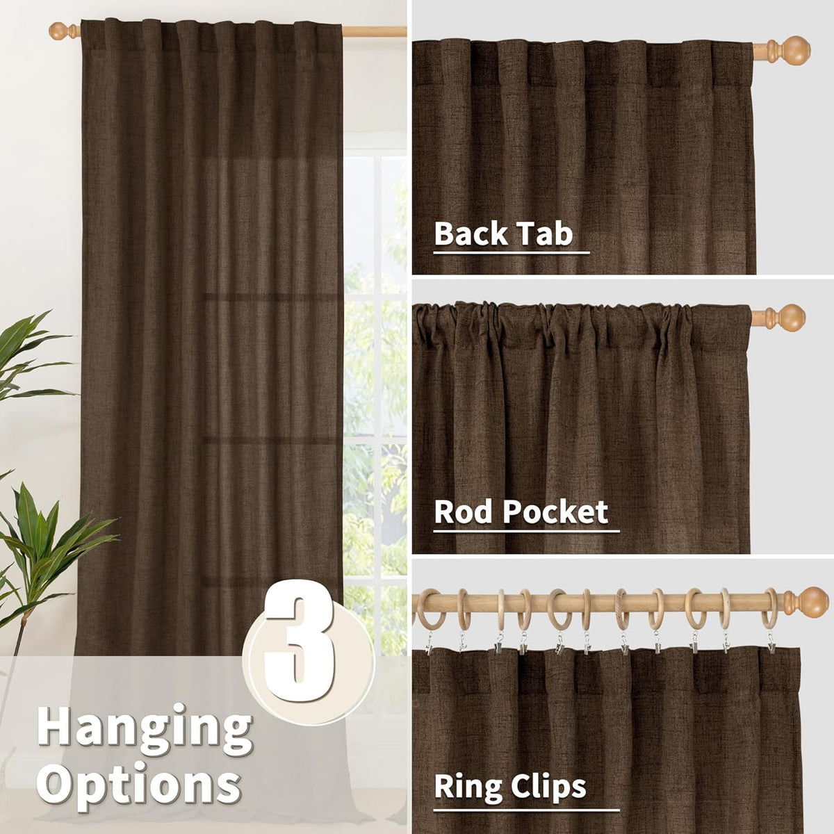 YoungsTex Brown Linen Curtains 45 Inches Long for Short Window, Back Tab Rod Pocket Chocolate Drapes Light Filtering for Kitchen Bathroom Cafe Decorative, 2 Panels, 42 X 45 Inch