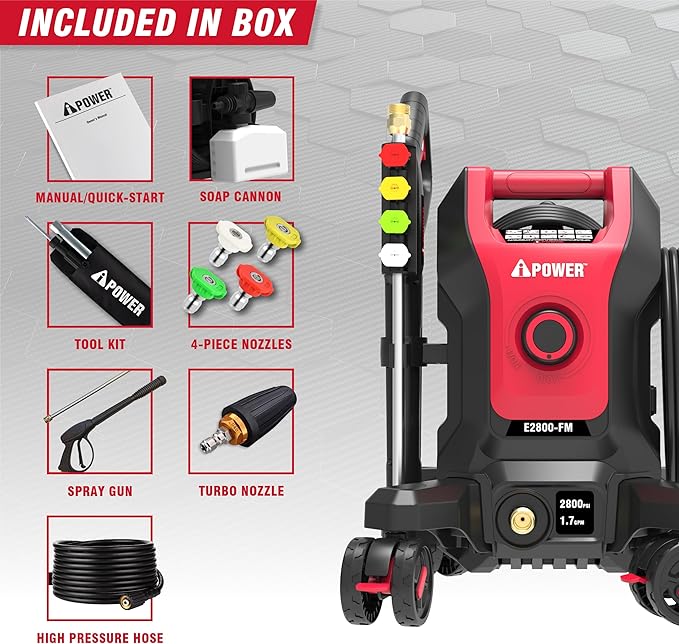 A-iPower Follow Me Electric Pressure Washer 2800 Max PSI 1.7 GPM Anti-Tipping Design with 5 Nozzles, Soap Dispense for Fences, Driveways, Patios, Cars, Home Cleaning, E2800-FM
