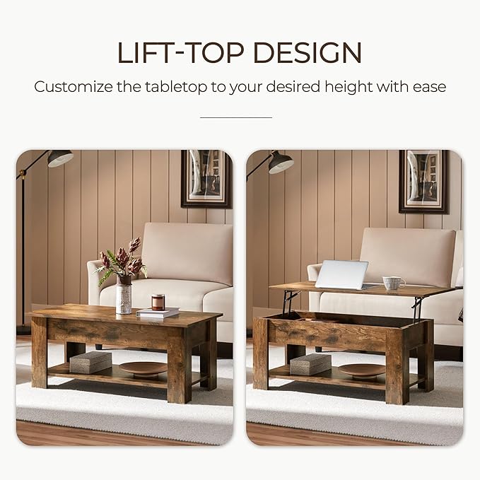 Yaheetech Coffee Table, Lift Top Coffee Table with Large Hidden Storage Shelf, Lift Tabletop Dining Table for Living Room, Home Small Space, 38.6in, Rustic Brown