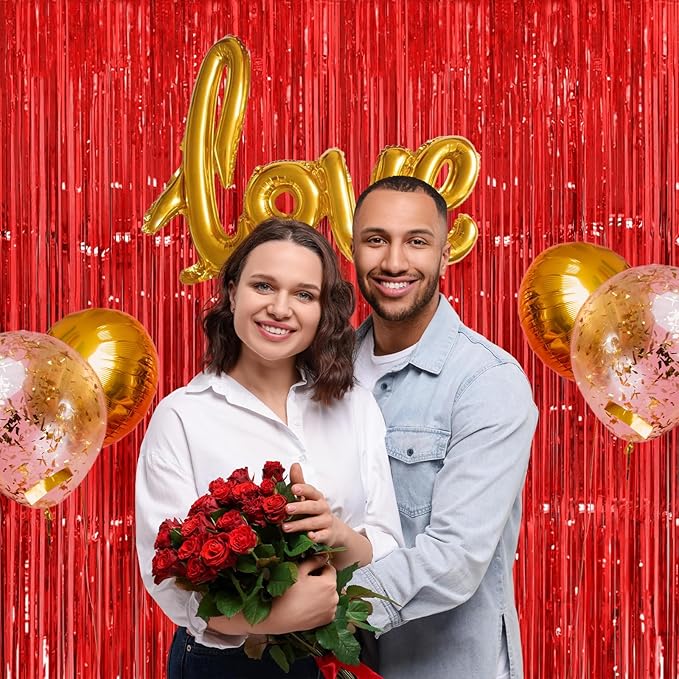 Thicken Red Streamers 4 Pack 3.2 x 8.2 FT, Red Tinsel Backdrop Curtains, Foil Fringe Backdrop for Birthday, Casino, Carnival, Christmas, Cherry, Hollywood Red Carpet Party Decorations