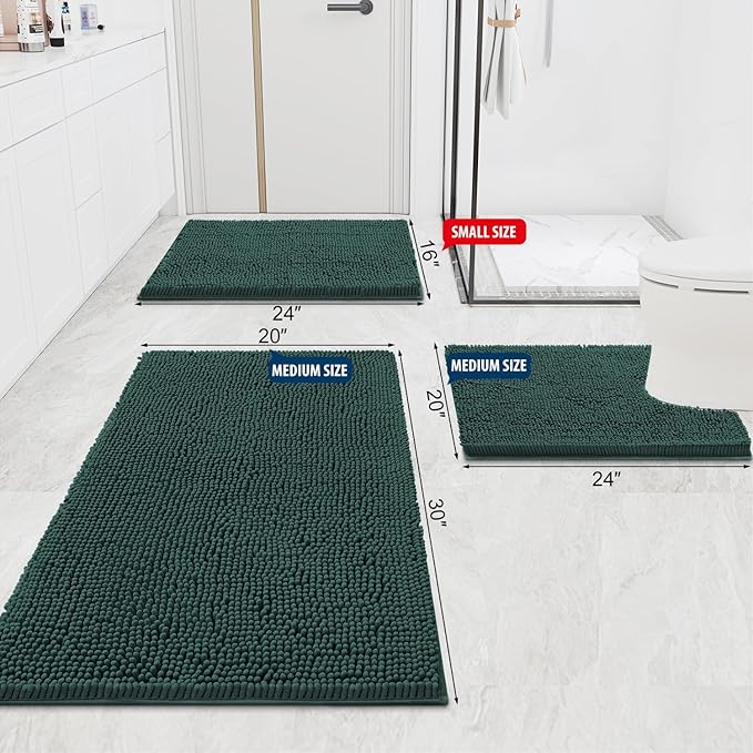 Smiry Luxury Chenille Bathroom Rugs 47x17, Extra Soft and Absorbent Shaggy Bath Mat, Machine Washable, Non-Slip Plush Carpet Runner for Tub, Shower, and Floor, Home Decor Accessories, Green
