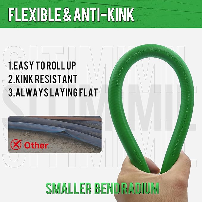 SITIMIMIL® 3/8 Pressure Washer Hose 50FT Hot Water - Commercial Grade 4800PSI Steel Wire Braided, Ultra Flexible & Kink Resistant, Quick Connect Fits Most Brands, for Home & Professional Use Green