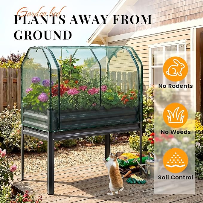 KING BIRD Large Raised Garden Bed with Netting Galvanized Elevated Planter Box with Legs 48×24×56 in for Backyard, Patio, Balcony, 400lb Capacity, Dark Grey