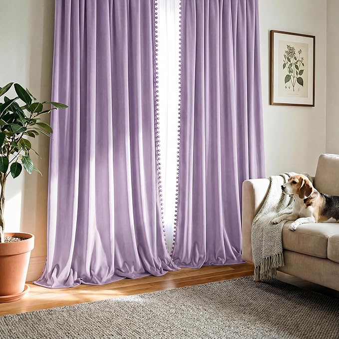 NICETOWN Lilac Purple Pom Pom Velvet Curtains 84 Inch Length