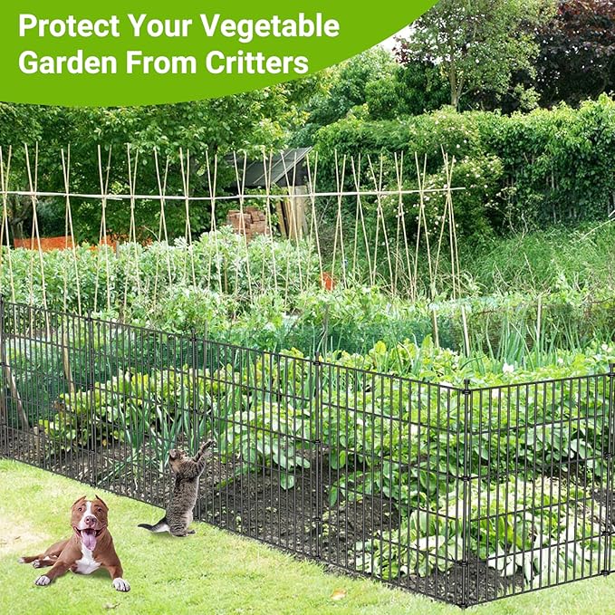 5 Panels No Dig Decorative Outdoor Garden Fence for Yard, 24 in(H) X 10 ft(L) Animal Barrier Fencing Rustproof Metal Wire Panel Border for Dog, Rabbits, and Patio Temporary Ground Stakes