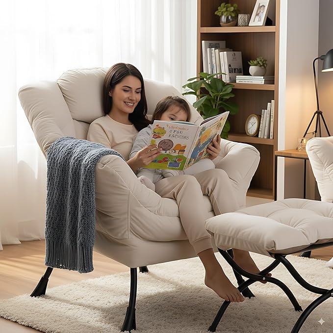 LITA Lazy Chair with Ottoman, Modern Accent Leisure Upholstered Sofa Chair, Contemporary Lounge Reading Chairs with Armrests and a Side Pocket for Living Room, Bedroom & Small Space, Beige