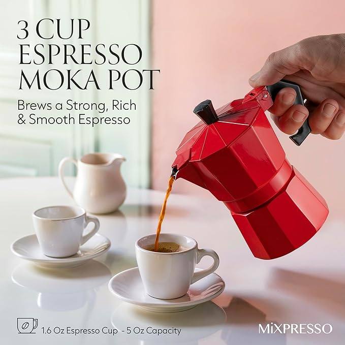 Mixpresso Red 3 Cup Moka Pot Cuban Coffee Maker, Moka Pot for Gas, Electric Stove Top, Classic Italian Coffee Maker, Stovetop Espresso Maker, Camping Pot Makes 3 Espresso Cup 5 Oz