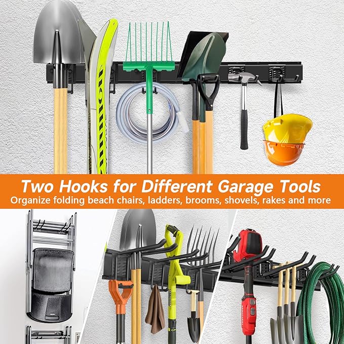 Garage Tool Organizer Wall Mount, Heavy Duty 48 Inches Garage Organization and Storage Racks for Yard Tools with 6 Hooks, Tool Hangers Holders for Hanging Folding Chair, Rake and Shovel