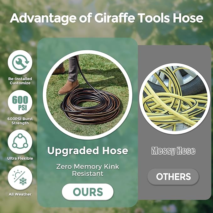 Giraffe Tools Garden Hose 5/8" Custom Length, No Kink, Flexible, Leakproof Water Hose, 600 Burst PSI, 15ft Male Female Fittings,Black Orange