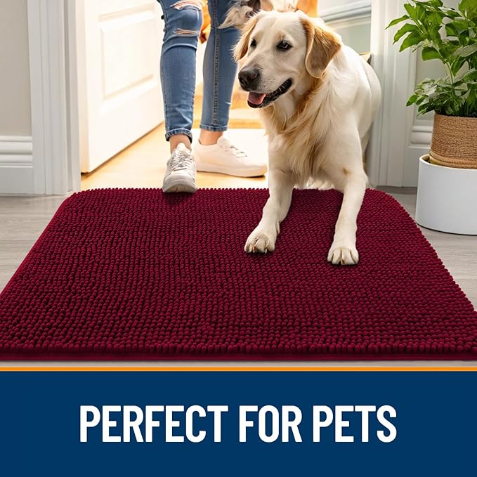 OLANLY Dog Door Mat for Muddy Paws 32x20, Absorbs Moisture and Dirt, Absorbent Non-Slip Washable Doormat, Quick Dry Chenille Mud Mat for Dogs, Entry Indoor Entryway Carpet for Inside Floor, Burgundy