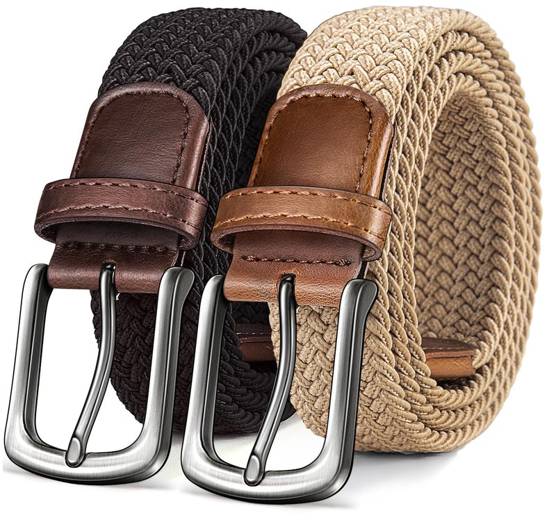 KEMISANT Men's Golf Belt Nulti-pack, Braided Woven Stretch Belt for Gift Men Casual Jeans Sports Work 1 3/8"(Black/Beige,30"-34" Waist Adjustable)