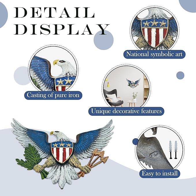 Linton Arts Eagle Decor Outdoor Wall Art – Cast Iron American Statue with Shield – Patriotic Metal Wall Hanging for Indoor & Outdoor – Eagle outdoor decor, Garage【eagles wall decor】