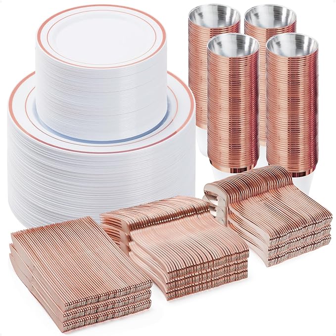 BESTVIP 600PCS Plastic Dinnerware Set (100 Guests), Rose Gold Disposable Plates for Party, Wedding, Christmas, Anniversary, Includes: Dinner Plates, Dessert Plates, Cups, Spoons, Forks and Knives