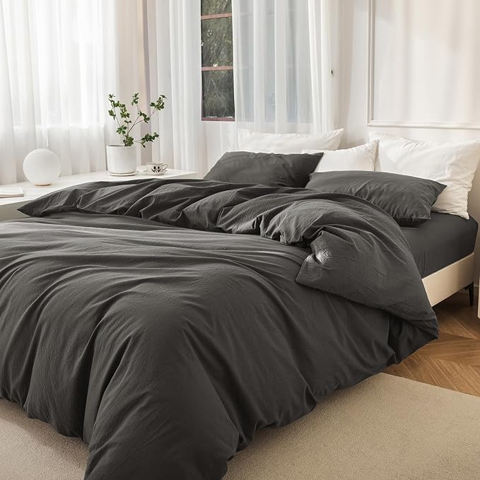 JIYUAN 100% Washed Cotton Duvet Cover Set 3 Pieces Full, 1 Duvet Cover 80x90 Inches(Comforter Not Included) and 2 Pillowcases,Linen Feel Bedding Set Comfy and Breathable,Solid Dark Grey