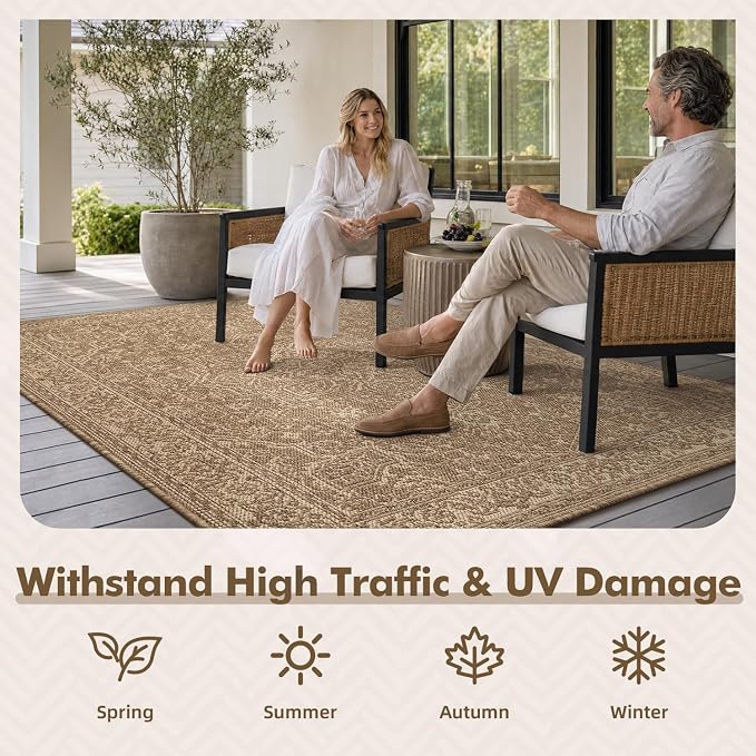 MontVoo-Outdoor Rug-Patio Rug 5x7 ft Polypropylene Indoor Outdoor Rugs Carpet for Patio Deck Balcony Porch, Textured Weave, Durable for High Traffic, Fade-Resistant, Vintage Medallion Neutral Brown