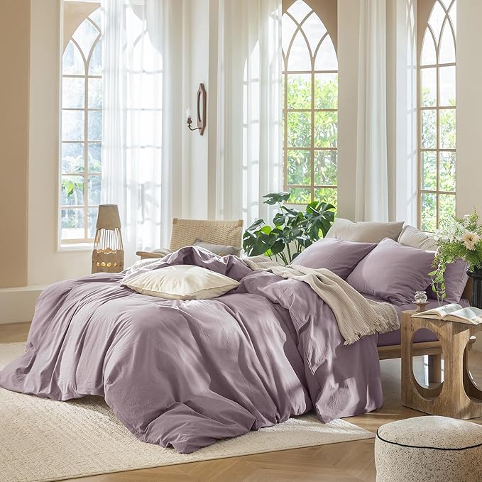 MooMee Bedding Duvet Cover Set 100% Washed Cotton Linen Like Textured Breathable Durable Soft Comfy (Solid Taro Purple, Twin 68"x90")