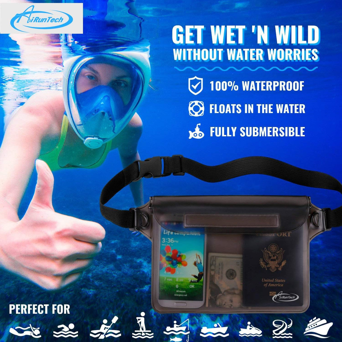 AiRunTech Waterproof Fanny Pack - IPX8 Dry Bag with Phone Pouch for iPhone 16/15/14/13/12/11 Pro Max | Perfect for Snorkeling, Beach, and Swimming