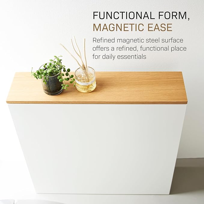 Yamazaki Home Pull-Out Bathroom Storage Cabinet – Slim Bathroom Storage Cabinet with Wood Top, Steel Organizer for Toilet Paper and Cleaning Supplies, Modern Space-Saving Design, White - Steel + Wood